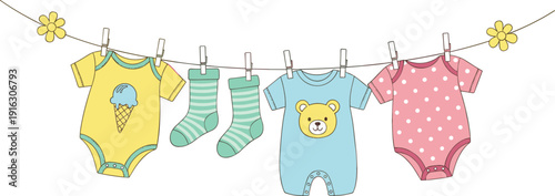 Flat vector illustration of cute baby clothes including onesies and socks hanging on a clothesline with clothespins for nursery and newborn concepts.