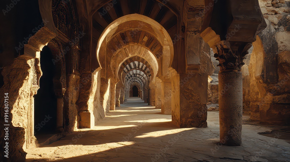 Obraz premium Serene Architectural Arches in Ancient Stone Corridor Environment