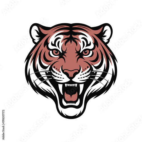 A fierce tiger head with an open mouth and sharp teeth