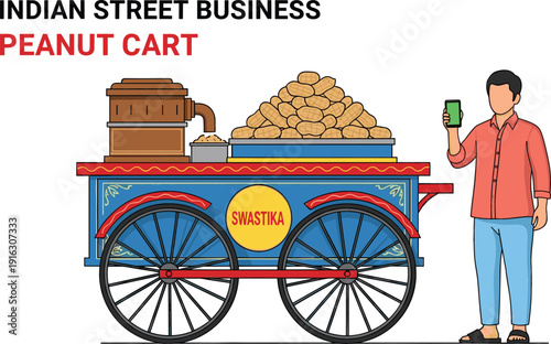 Indian street business illustration featuring a male vendor with a peanut cart using a smartphone for digital payments and mobile banking transactions.