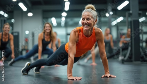 Fit senior woman leads gym class in plank position. Women exercise together in bright modern studio. Active mature ladies practice strength training workout, feeling energetic and healthy.