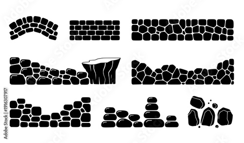 Map boulder wall icon set vector stone rock terrain borders isolated on transparent background
