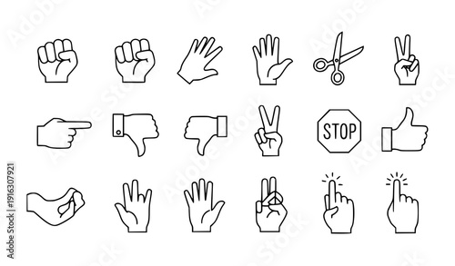 Hand gesture line icon set vector rock paper scissors pointing counting symbols isolated on transparent background