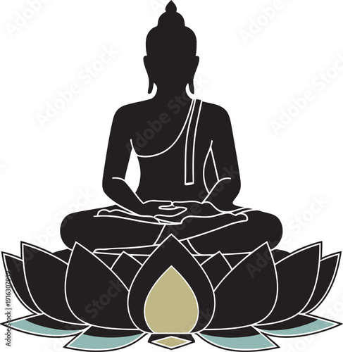 Golden buddha silhouette vector illustration symbol meditation zen peace spirituality lotus flower dharma wheel icon buddhism concept.