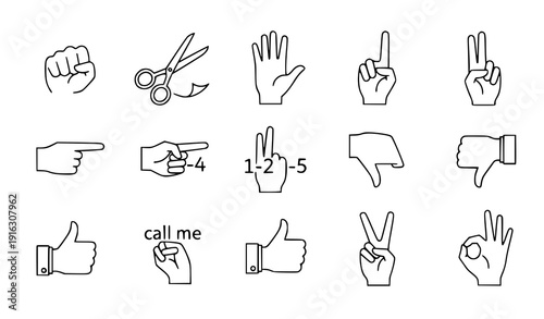 Thin line hand gesture icon set vector rock paper scissors finger signs isolated on transparent background