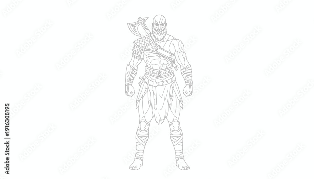 Fototapeta premium Kratos Viking Warrior Line Art Illustration