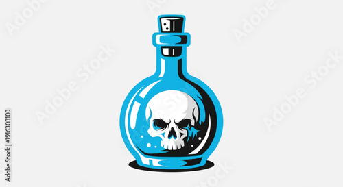 Poisonous skull in a glass bottle with blue outline and black details