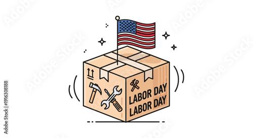 Labor Day Box with American Flag and Tools, USA Holiday Celebration