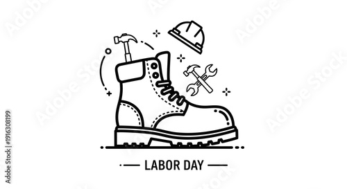 Labor Day Boot Icon with Tools: Hammer, Wrench, Hard Hat - Industrial Celebration