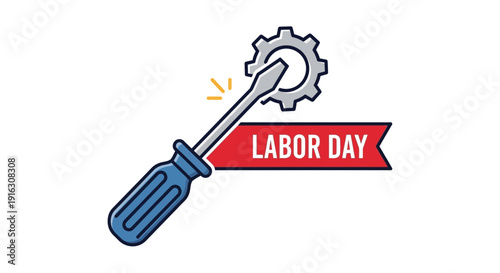 Labor Day Screwdriver Gear Icon with Ribbon Banner - Industrial Holiday Celebration