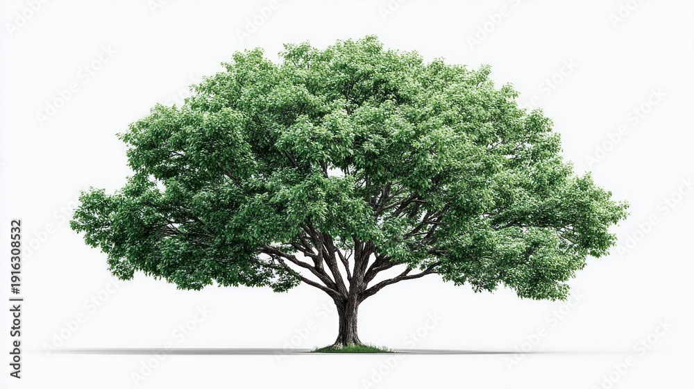 Obraz premium A large, mature deciduous tree with lush green foliage stands isolated against a clean white background