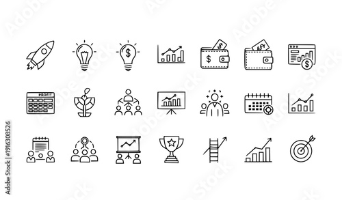 Startup management thin line icon set vector finance analytics professional growth isolated on transparent background