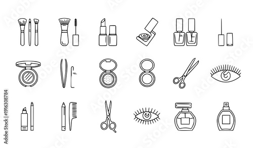 Beauty and cosmetic tools thin line icon set vector branding makeup kit isolated on transparent background