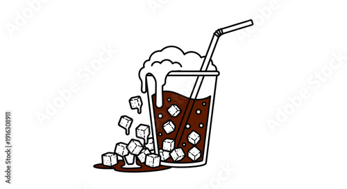 Iced Coffee Overflows Cup with Ice Cubes Spilling Out, Refreshing Drink