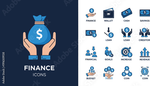 Set of finance and banking icons featuring money bags, wallets, cash, loans, investment goals, revenue growth, and budget management in flat design.