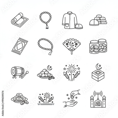Islamic Ramadan and Eid Al-Fitr Line Icon Set, Religious Celebration Elements, Muslim Tradition and Culture Illustrations