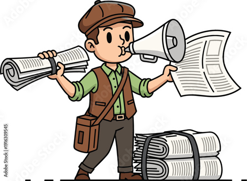 Tableau sur toile Vintage newsboy character illustration shouting through megaphone and holding newspapers representing breaking news, marketing announcements, journalism, and traditional media advertising concepts