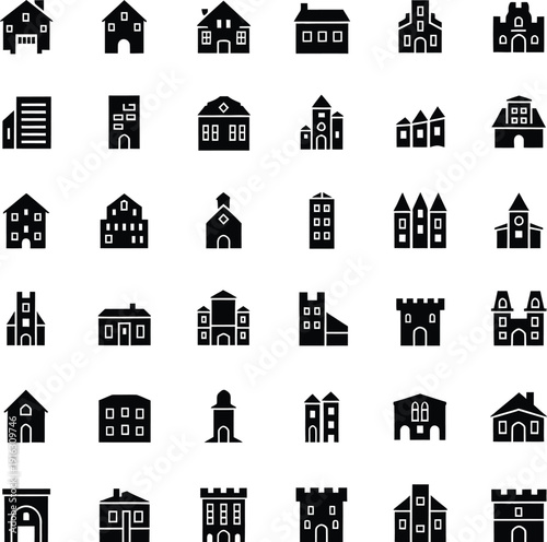 Building and house icons. Vector silhouette set. Residential and commercial property symbols. Real estate concept.