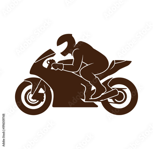 brown silhouette of a motorcyclist riding a motorcycle fast isolated on white background