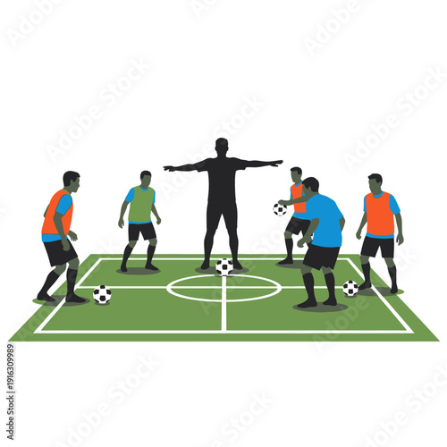 Soccer training drill with coach instructing players on a green field with balls