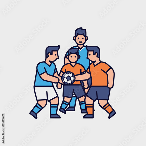 Soccer Players Fighting for Ball, Team Sport Action, Flat Design Icon