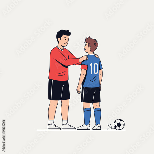 Coach encouraging young soccer player after game, sports teamwork and support