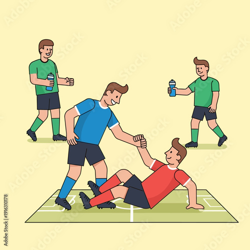 Soccer players helping each other up on field, teamwork and sportsmanship concept