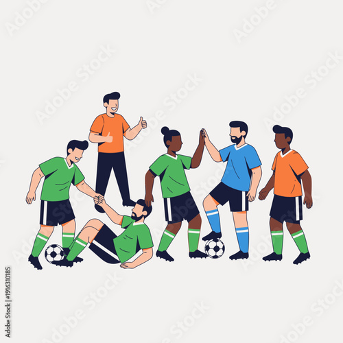 Diverse soccer team celebrating victory, high five, teamwork, success, sports