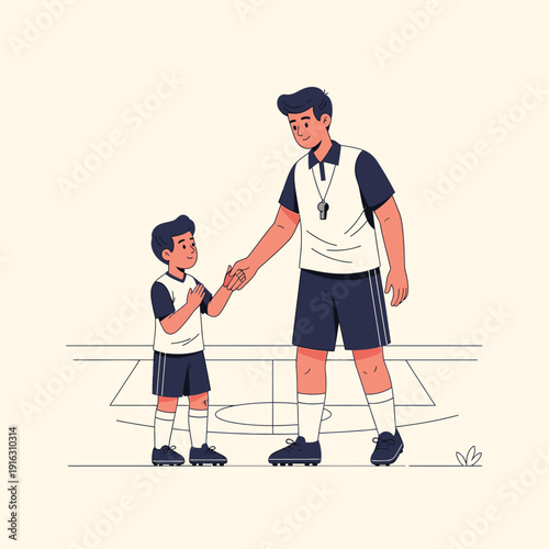 Coach congratulates young soccer player after game on field