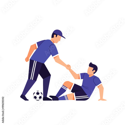 Soccer coach helping injured player up, teamwork and support on the field