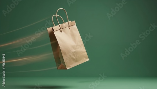 Brown paper shopping bag moves fast through air with motion blur effect on green background. Package delivery concept, quick commerce. Eco friendly shopping bag graphic.