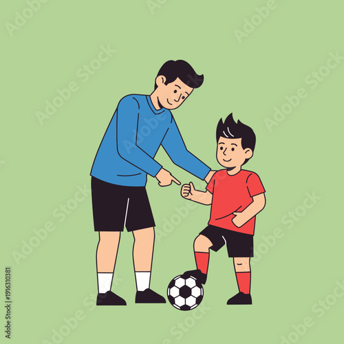 Father teaching son soccer, outdoor training, fatherhood, childhood, sports, healthy lifestyle
