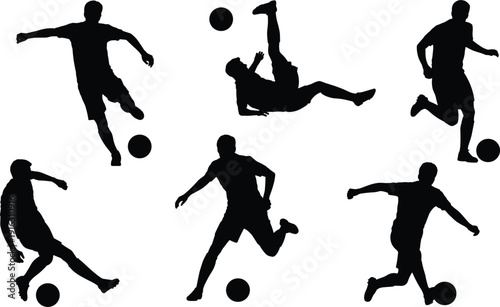 Soccer silhouette vector illustration set, dynamic player poses with ball actions, sports artwork, athletic graphics, and fitness branding designs