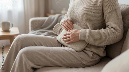 Woman sitting on sofa with hot water bottle, experiencing abdominal pain and menstrual discomfort, seeking relief for period cramps