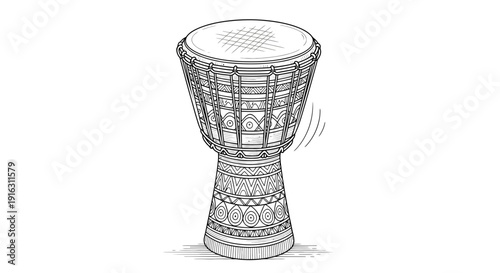 Hand-drawn illustration of an African djembe drum with intricate patterns, isolated on white.