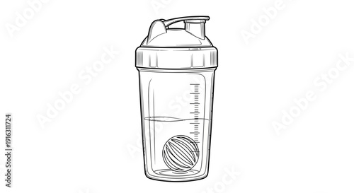Hand-drawn Sketch of a Protein Shaker Bottle with Mixing Ball and Water