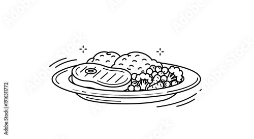 Hand-Drawn Steak Dinner with Mashed Potatoes and Vegetables Illustration