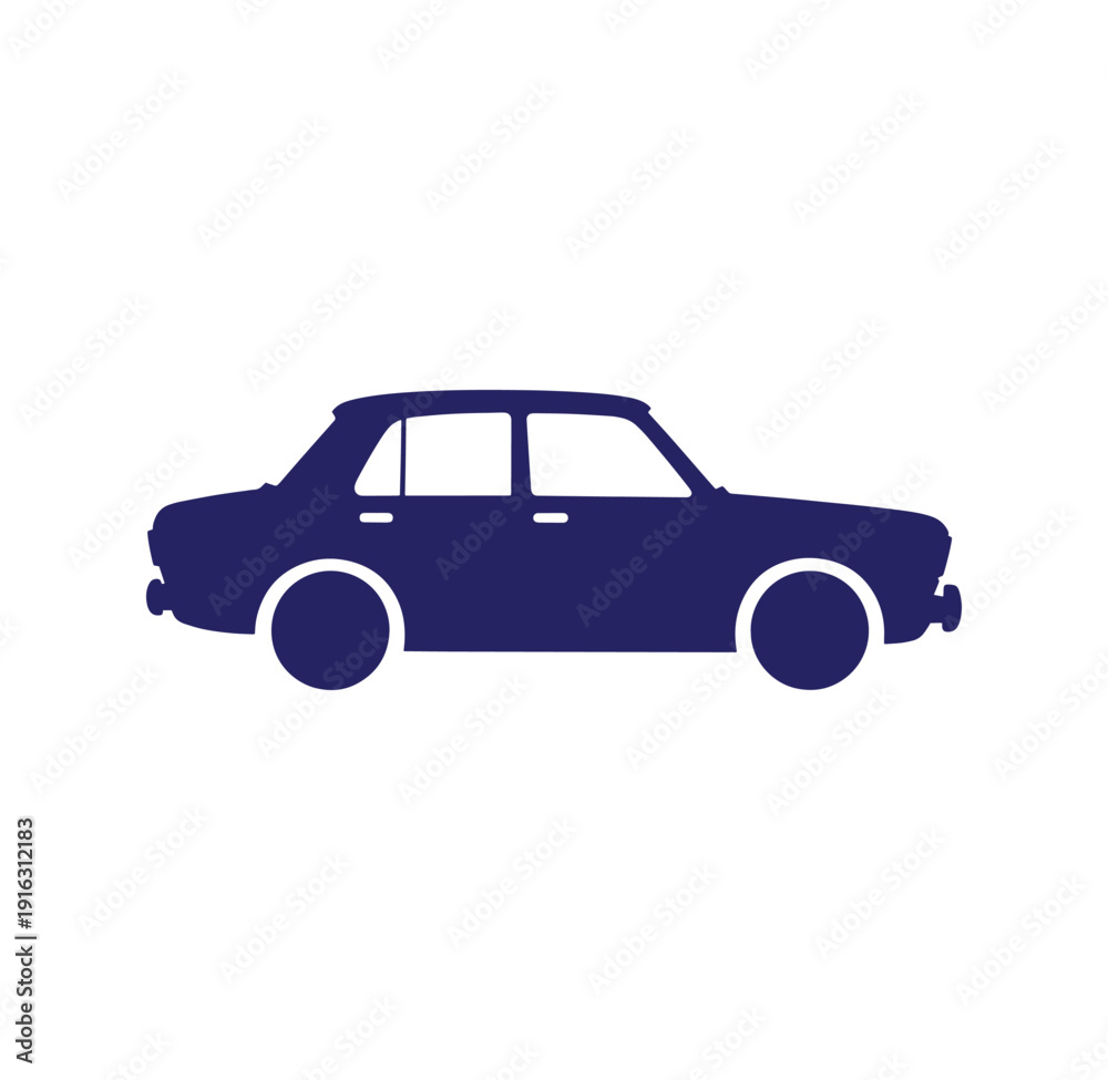 Fototapeta premium Dark blue silhouette of a four door sedan car on white background