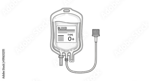 Hand Drawn Sketch of O Positive Blood Bag for Transfusion, Medical Illustration