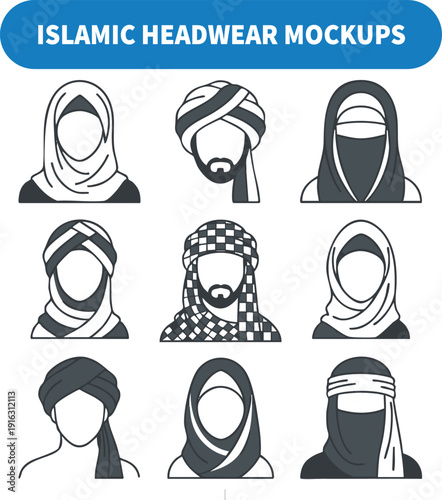 Islamic Headwear Illustrations in Minimalist Style with Monochromatic Color Scheme on White Background for Cultural Representation