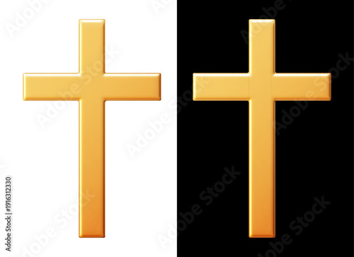 3d golden metal christian cross. Religious symbol, element. Stock vector illustration on isolated background. 