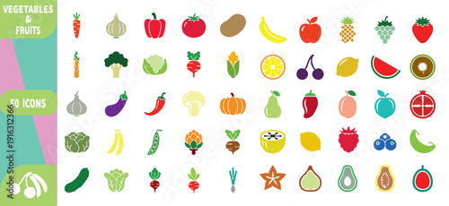Colorful Fruit and Vegetable Icons in Flat Design with Bright Colors and Simple Shapes for Appetizing Illustrations