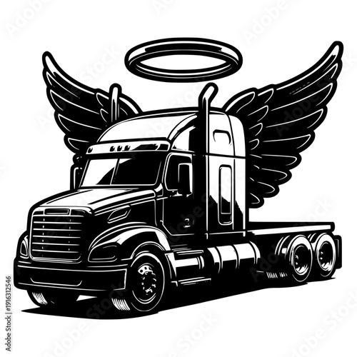 Guardian of the Roads: An illustration of a semi-truck adorned with angelic wings and a halo, symbolizing safe travels and protection on the open road.