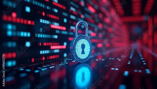 Conceptual digital security concept featuring a glowing cyber padlock symbolizing data protection, network encryption, access control, and secure system infrastructure against digital threats