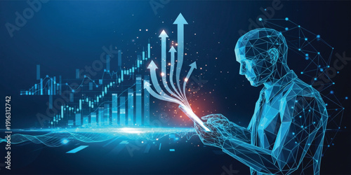 Digital Financial Growth Analytics Concept with Businessman Using Smartphone, Stock Market Data Visualization, Investment Strategy and Fintech Technology Innovation Illustration