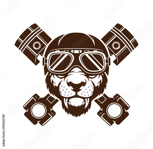 Lion face wearing goggles and helmet with pistons and gears  a fierce industrial animal portrait