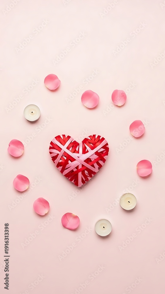 Fototapeta premium Decorative heart surrounded by petals and candles on a soft pink background