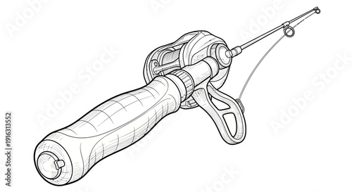 Fishing Rod Ice Fishing Rod with Reel - Detailed Line Drawing Illustration