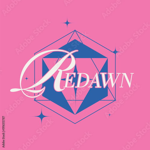 Elegant TypograpyText of "Redawn" with Calligraphy Style R with Blue Abstract Cube, Pink Backdrop