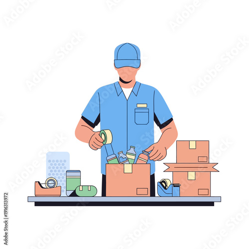 Logistics worker packing boxes with products, tape dispenser, and shipping supplies
